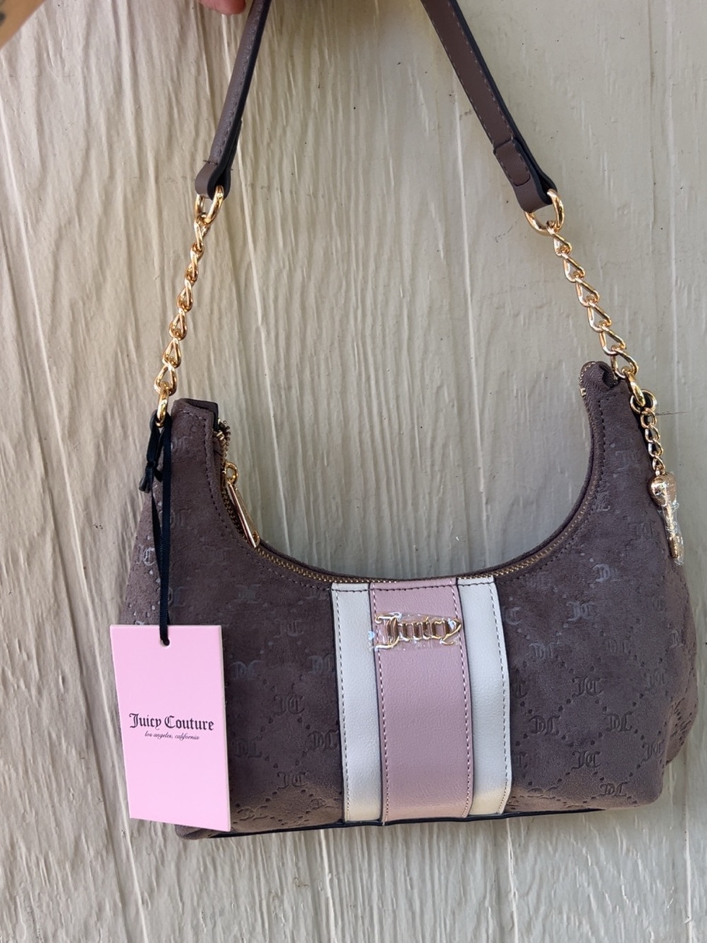 Juicy Couture Iced Coffee Shoulder Bag with Pink and Cream Stripe